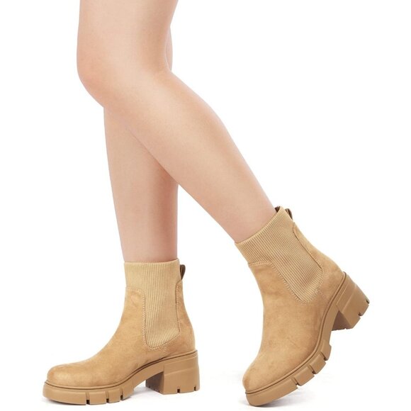 Women's Beige Suede Elastic Chelsea Boots Chunky Block Heel Platform Ankle Boots - Picture 6 of 7